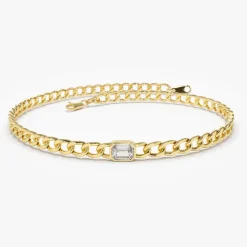14K Gold Cuban Link Bracelet w/ Emerald Cut Diamond