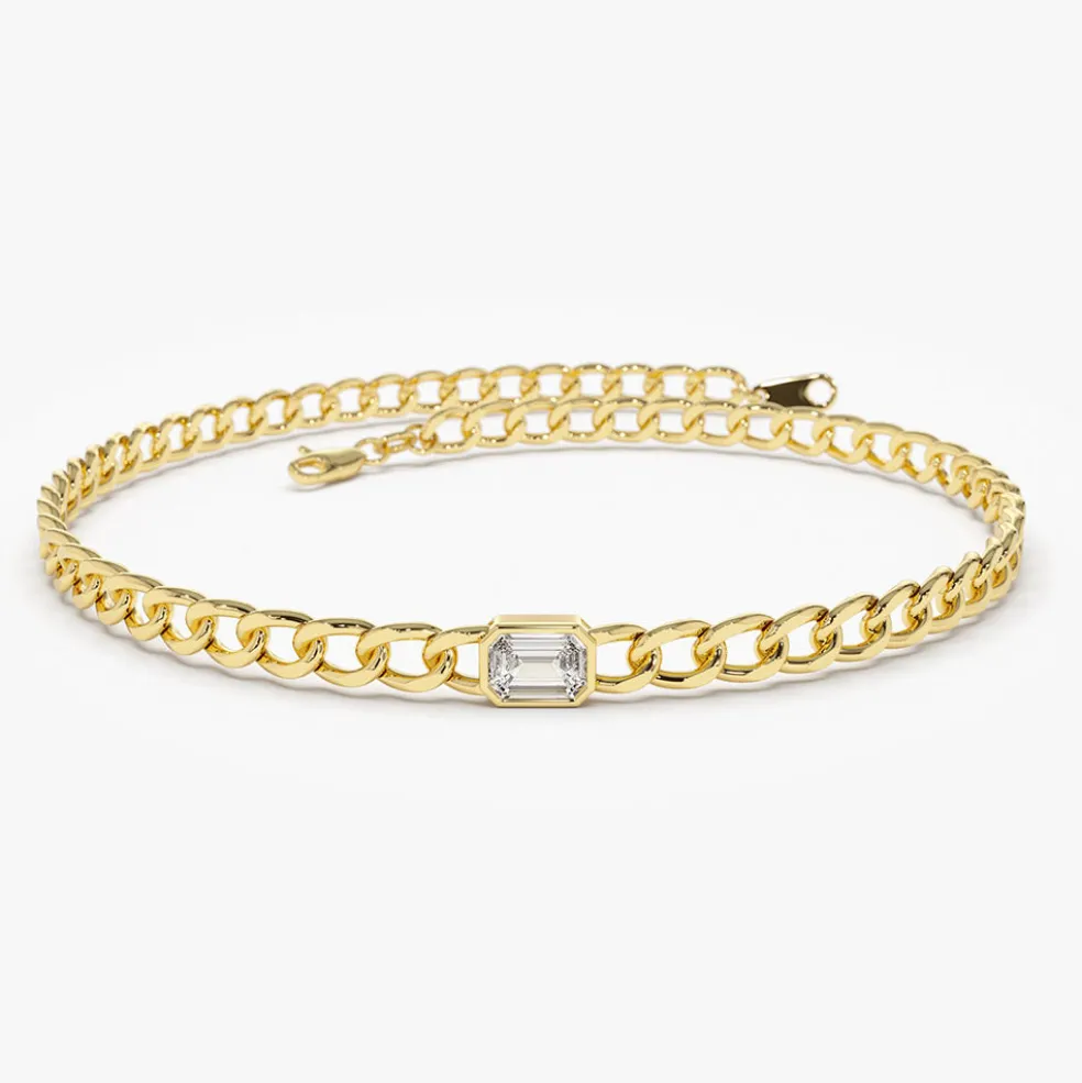14K Gold Cuban Link Bracelet w/ Emerald Cut Diamond