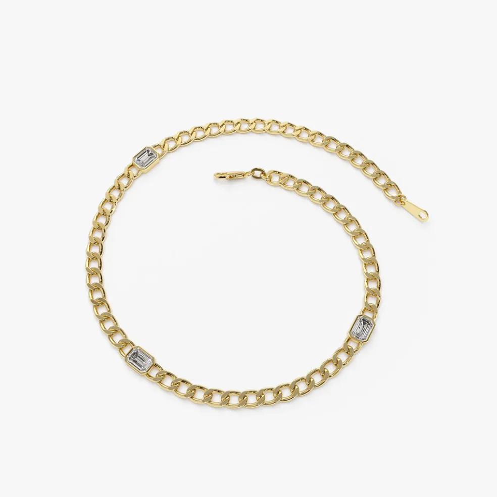 14K Gold Cuban Link Bracelet w/ Emerald Cut Diamond