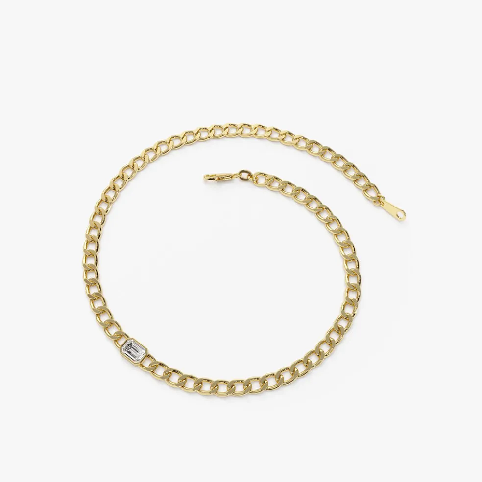 14K Gold Cuban Link Bracelet w/ Emerald Cut Diamond