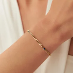 14k Gold Cuban Link Bracelet w/ Bezel Setting Sapphire