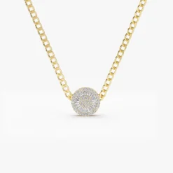 14k Gold Curb Link Baguette Diamond Disc Cluster Necklace