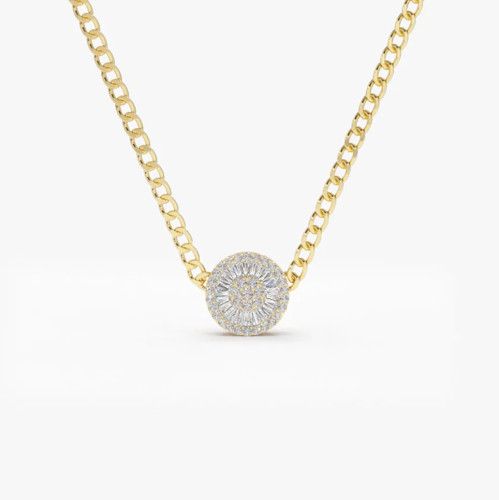 14k Gold Curb Link Baguette Diamond Disc Cluster Necklace
