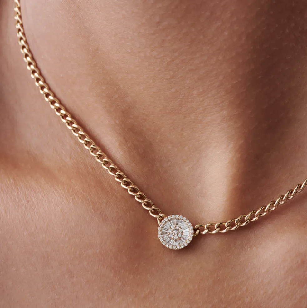 14k Gold Curb Link Baguette Diamond Disc Cluster Necklace