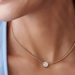 14k Gold Curb Link Baguette Diamond Disc Cluster Necklace