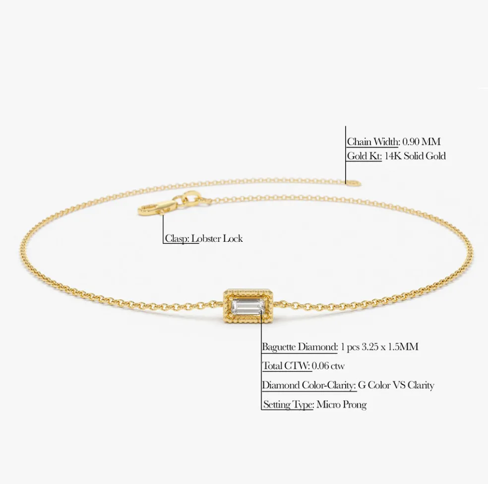 14K Gold Dainty Baguette Diamond Bracelet