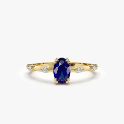 14k Gold Dainty Diamond Genuine Sapphire Ring