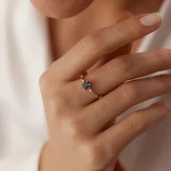 14k Gold Dainty Diamond Genuine Sapphire Ring