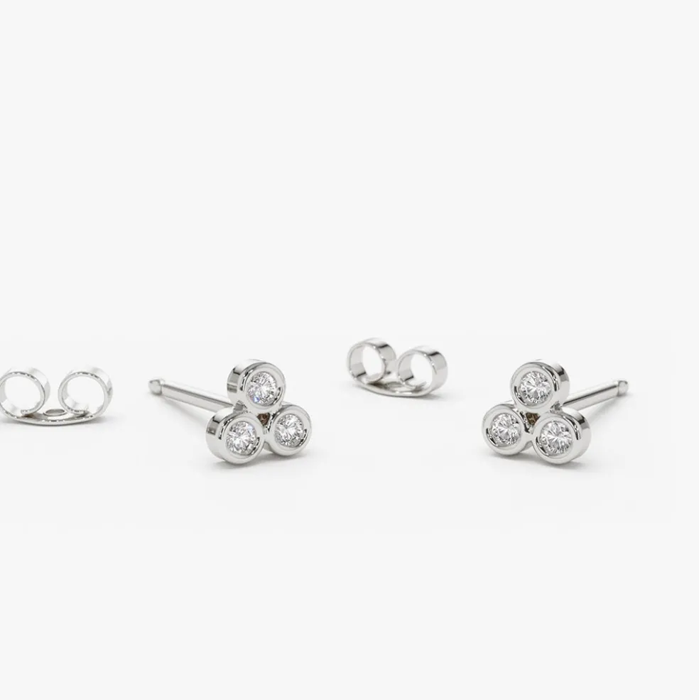14K Gold Dainty Round Cut Diamond Trio Stud Earring