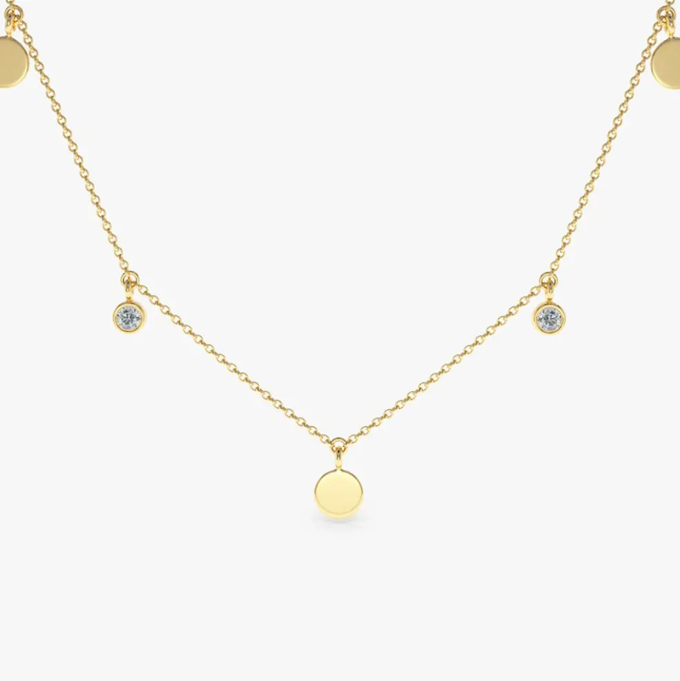 14K Gold Dangling Diamond Disc Necklace