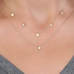 14K Gold Dangling Diamond Disc Necklace