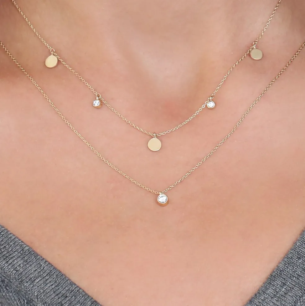 14K Gold Dangling Diamond Disc Necklace