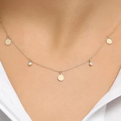 14K Gold Dangling Diamond Disc Necklace