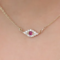 14K Gold Diamond and Ruby Evil Eye Necklace