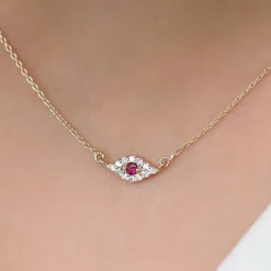 14K Gold Diamond and Ruby Evil Eye Necklace