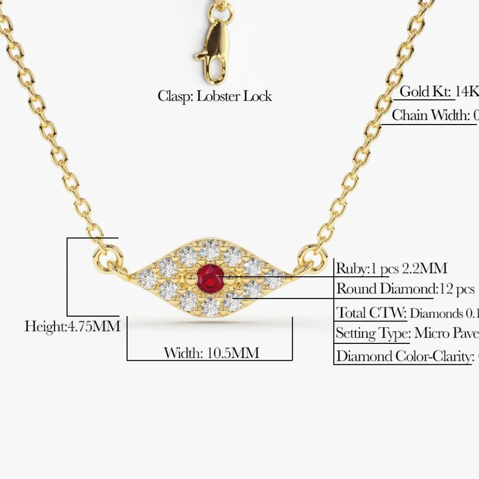 14K Gold Diamond and Ruby Evil Eye Necklace