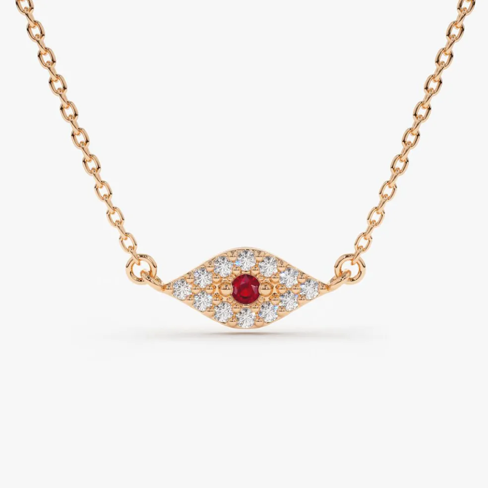 14K Gold Diamond and Ruby Evil Eye Necklace