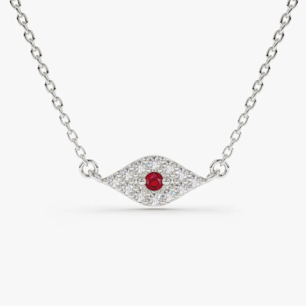14K Gold Diamond and Ruby Evil Eye Necklace