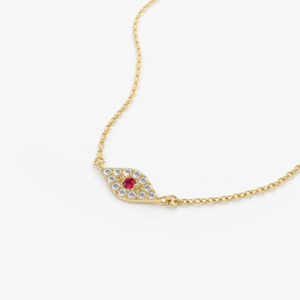 14K Gold Diamond and Ruby Evil Eye Necklace