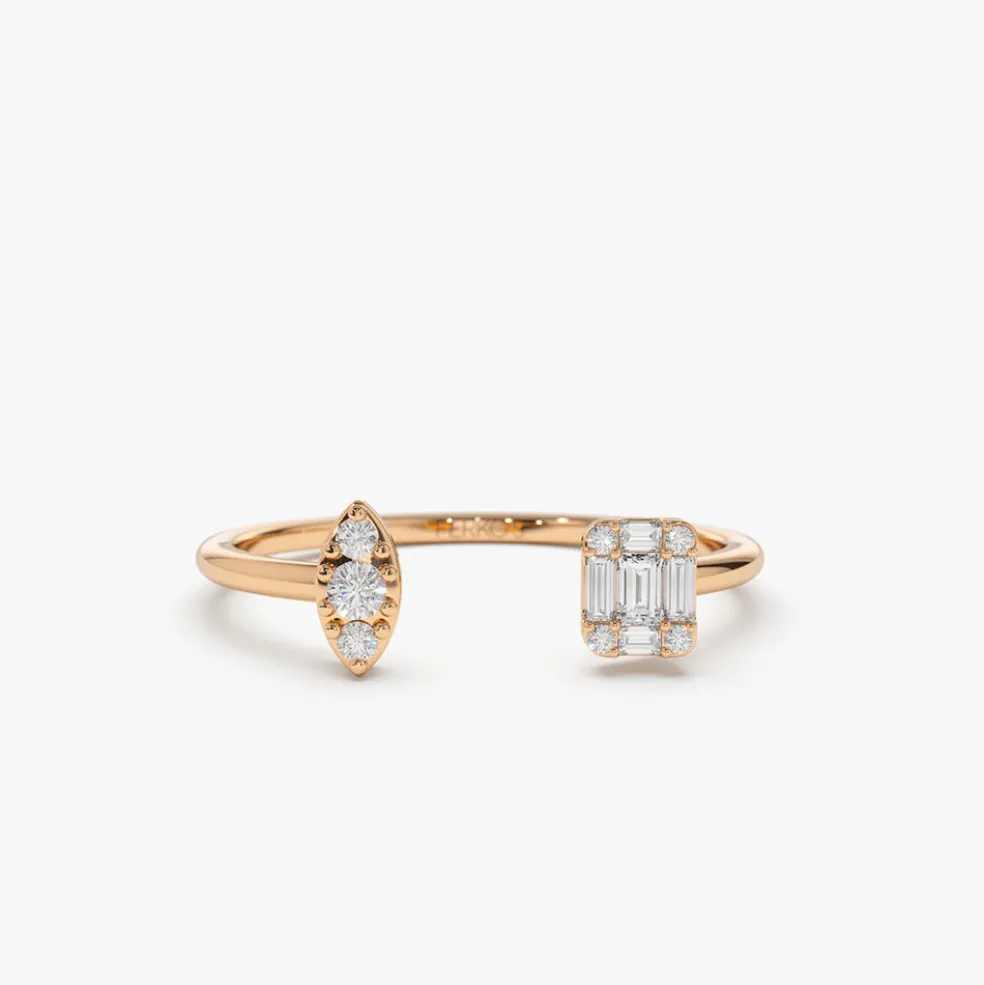 14K Gold Diamond Baguette Cuff Ring