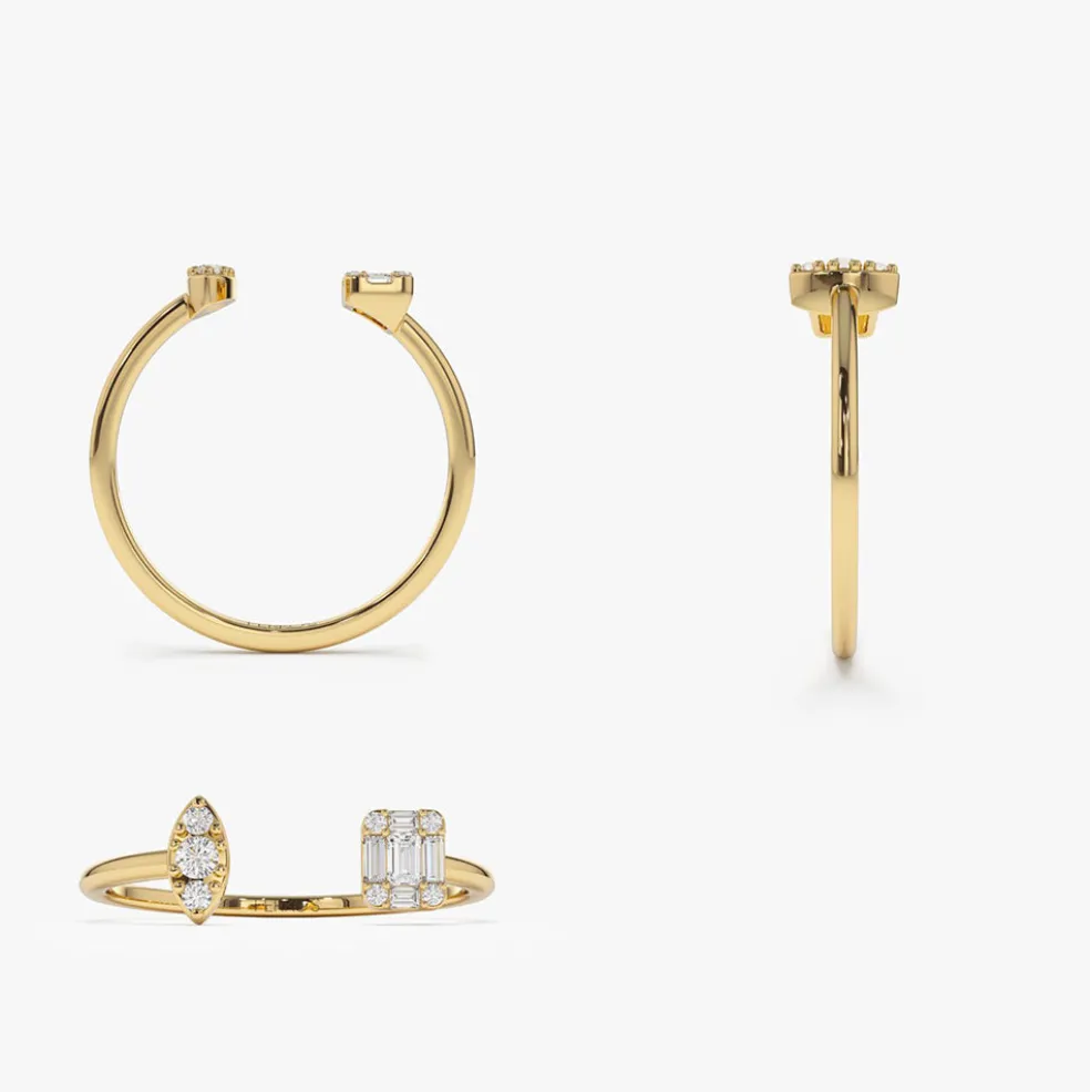 14K Gold Diamond Baguette Cuff Ring