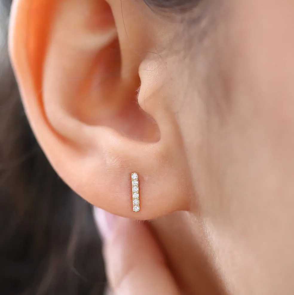 14K Gold Diamond Bar Stud Earrings