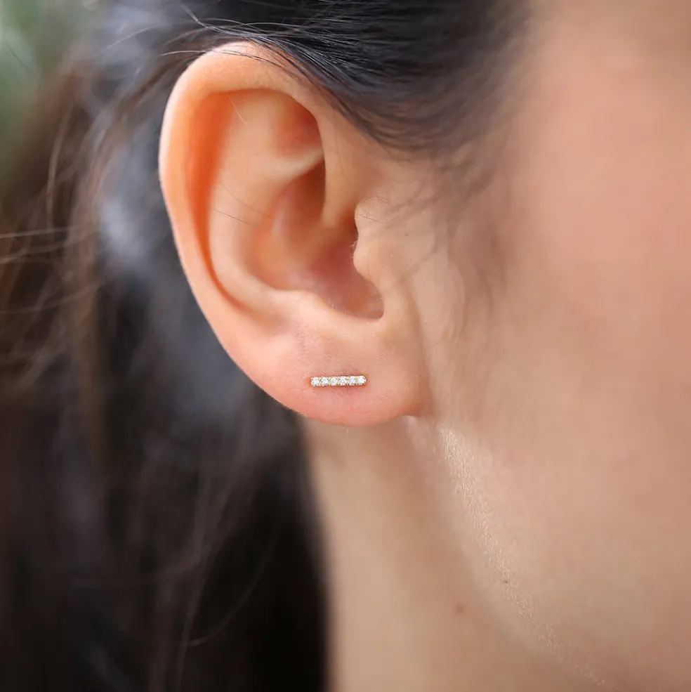 14K Gold Diamond Bar Stud Earrings