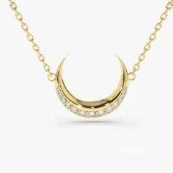 14K Gold Diamond Crescent Moon Necklace