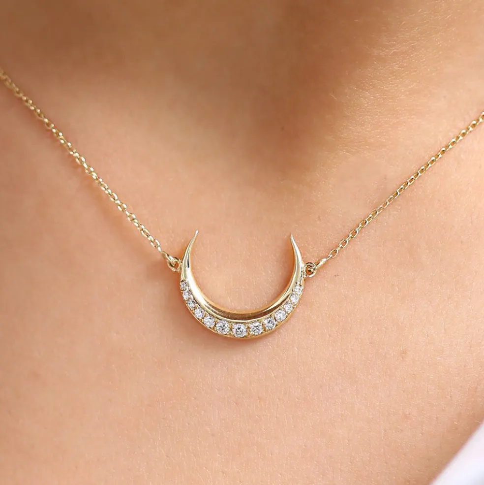 14K Gold Diamond Crescent Moon Necklace