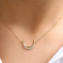 14K Gold Diamond Crescent Moon Necklace