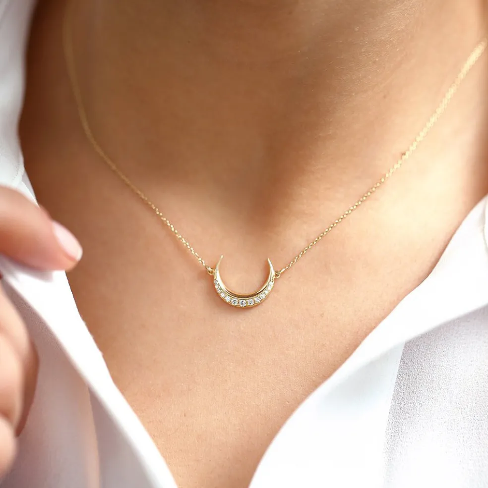 14K Gold Diamond Crescent Moon Necklace