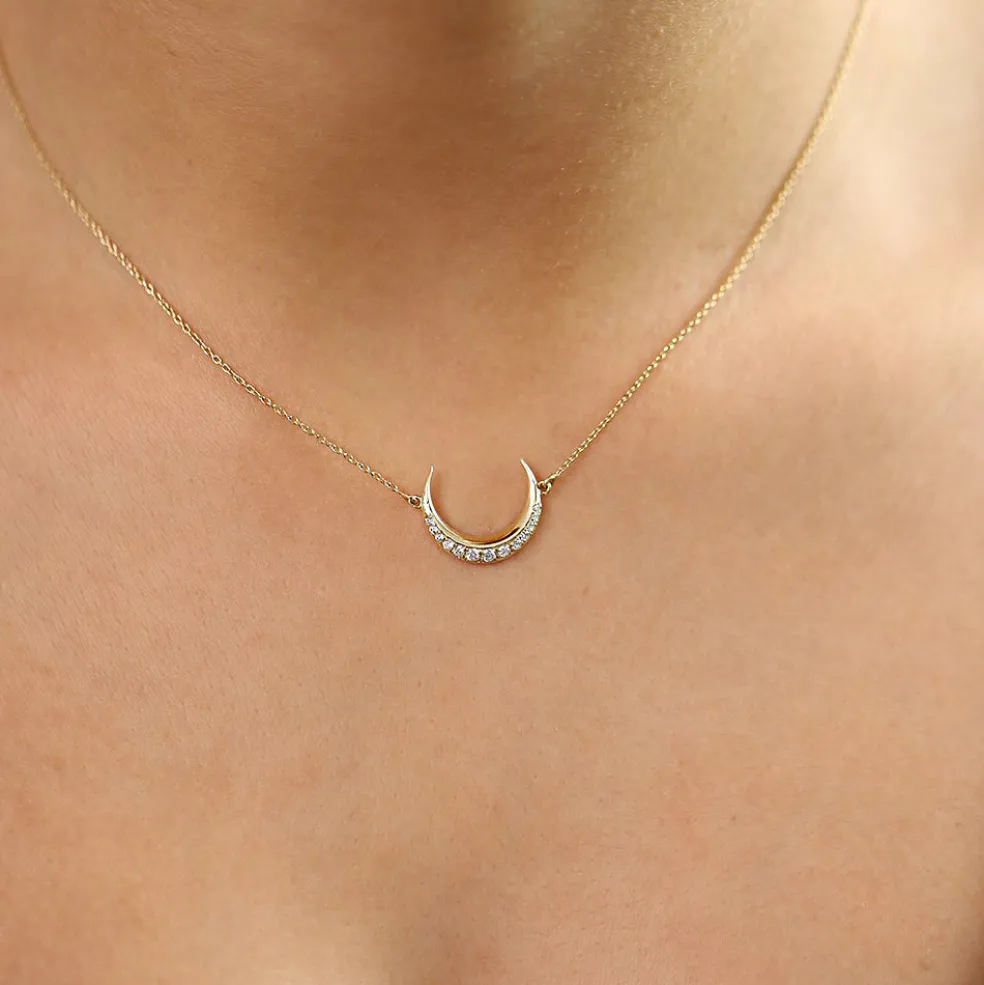 14K Gold Diamond Crescent Moon Necklace