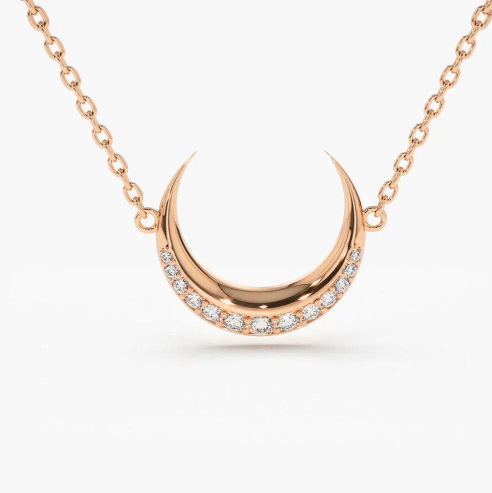 14K Gold Diamond Crescent Moon Necklace