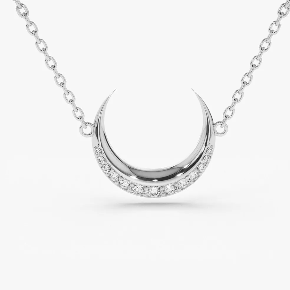14K Gold Diamond Crescent Moon Necklace