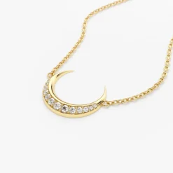 14K Gold Diamond Crescent Moon Necklace