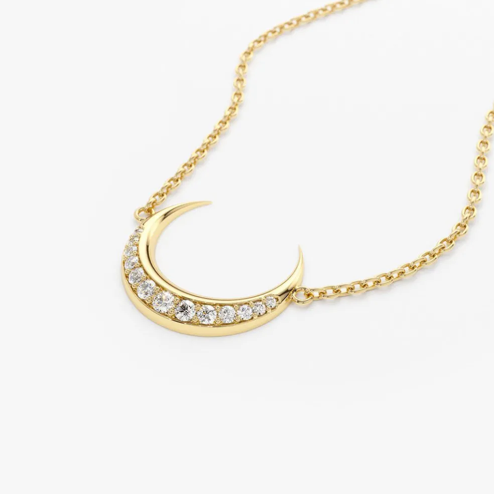 14K Gold Diamond Crescent Moon Necklace