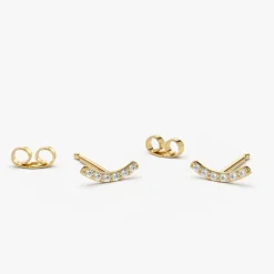 14K Gold Diamond Curved Bar Stud Earrings
