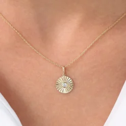 14K Gold Diamond Disc Ray Necklace