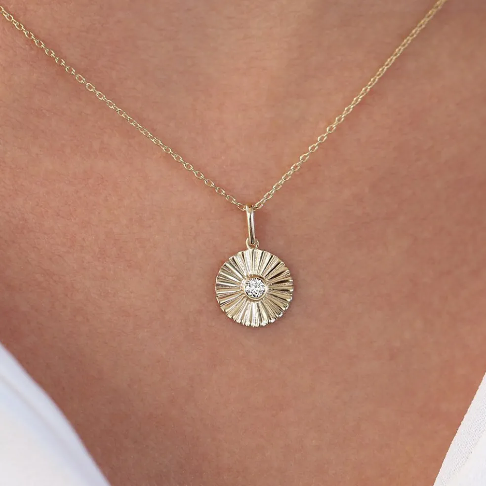 14K Gold Diamond Disc Ray Necklace