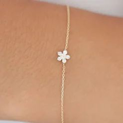 14K Gold Diamond Flower Charm Bracelet