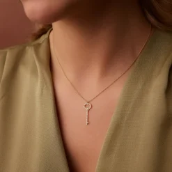 14K Gold Diamond Key Charm Necklace