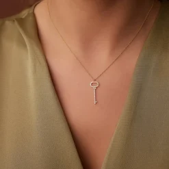 14K Gold Diamond Key Charm Necklace
