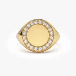 14K Gold Diamond Round Signet Ring