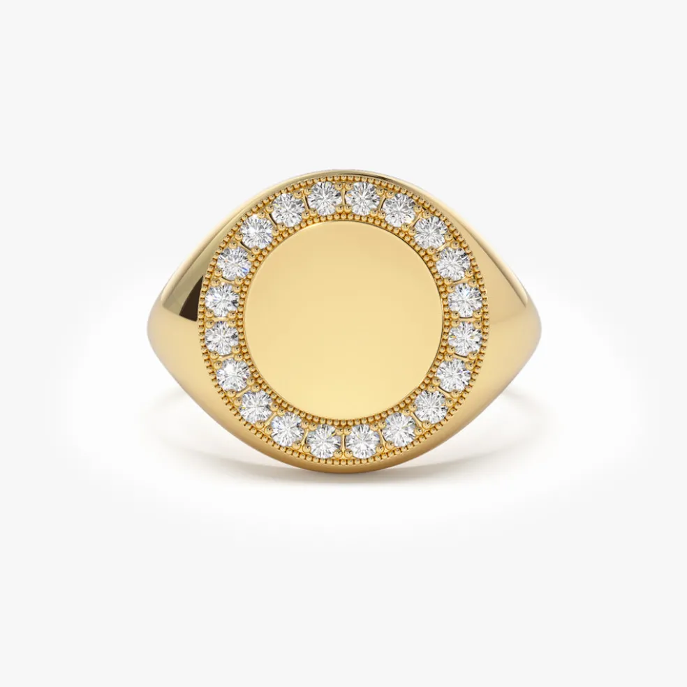 14K Gold Diamond Round Signet Ring