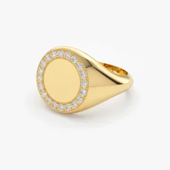 14K Gold Diamond Round Signet Ring