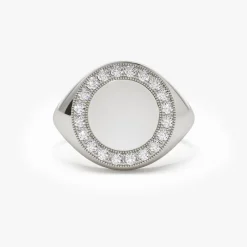 14K Gold Diamond Round Signet Ring