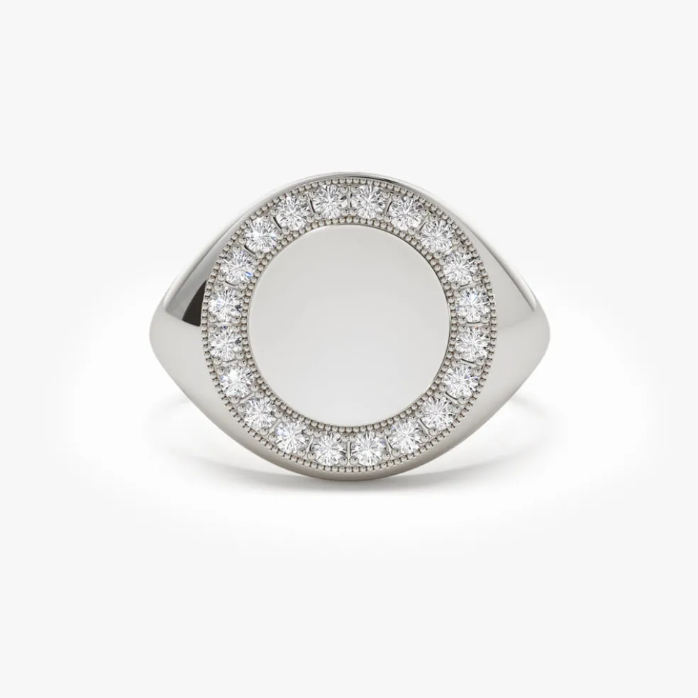 14K Gold Diamond Round Signet Ring