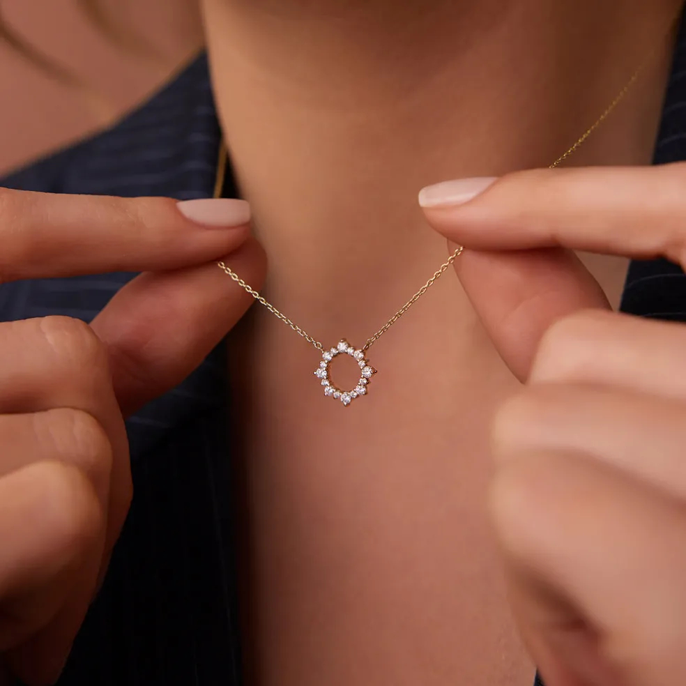 14K Gold Diamond Sun Circle Necklace