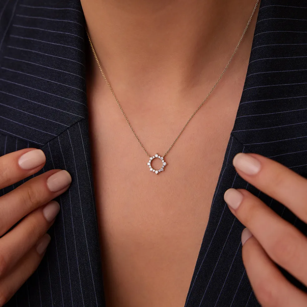14K Gold Diamond Sun Circle Necklace