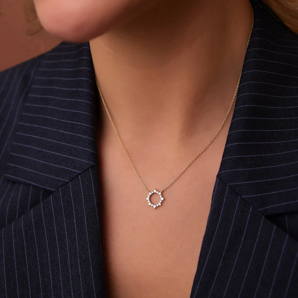 14K Gold Diamond Sun Circle Necklace